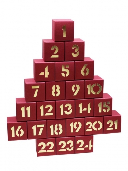 Adventskalender d'rot Karton mit goldenen Zahlen für 24 Trüffel/Pralinen von ca. 3,5cm, Tannenform